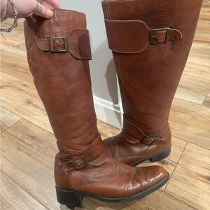 RIEKER VINTAGE German Leather Red/Brown Knee-high Heeled Buckle Boots | Size 7.5